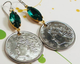 Brasil, Authentic Coin Earrings -- Lady Liberty 20 Centavos -- Brazilian - Goddess Liberty - Brazil - World Coins - Be a Traveler