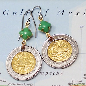 Mexico, Authentic Coin Earrings -- Golden Eagles -- Tenochtitlan - Mexico City - Ancient Culture - Archeology - Mexican Heritage - Travel