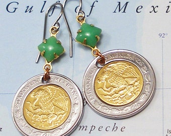 Mexico, Authentic Coin Earrings -- Golden Eagles -- Tenochtitlan - Mexico City - Ancient Culture - Archeology - Mexican Heritage - Travel