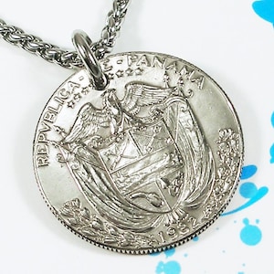 Panama, Vintage Coin Necklace -- Coat of Arms -- Panamanian Heritage - Large Coin - Guys Necklace - Surfers - Travel Gifts - Caribbean Sea