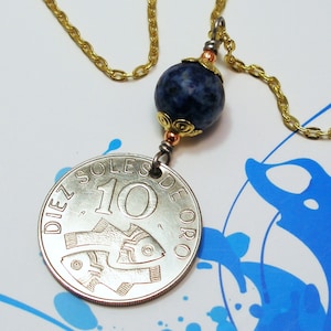 Peru, Vintage Coin Necklace -- Fresh Seafood -- Big Coin - Ancient Roadways - Inca Empire - Peruvian Heritatge - Fish -  UNESCO site