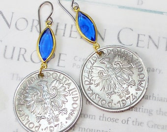 Poland, Vintage Coin Earrings -- White Eagle -- Wunderlust - Travel Gifts - World History - Light Weight Earrings - Large Coins - Warsaw