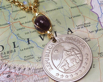 Bolivia, Vintage Coin Necklace -- Protecting Mother Earth -- Environmental Protection - Natural Resources - World Treasures - Green Earth