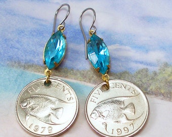 Bermuda, Authentic Coin Earrings - Blue Angel Fish, Tropical Beauty - Island Vacation - Scuba Diving - Coral Reef - Oceans - Vacation