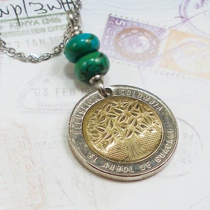 Colombia, Vintage Coin necklace -- Sacred Raintree -- Mother Nature - Mother Earth - Earth Day - Coin Pendant - Plant a Tree - Arborist
