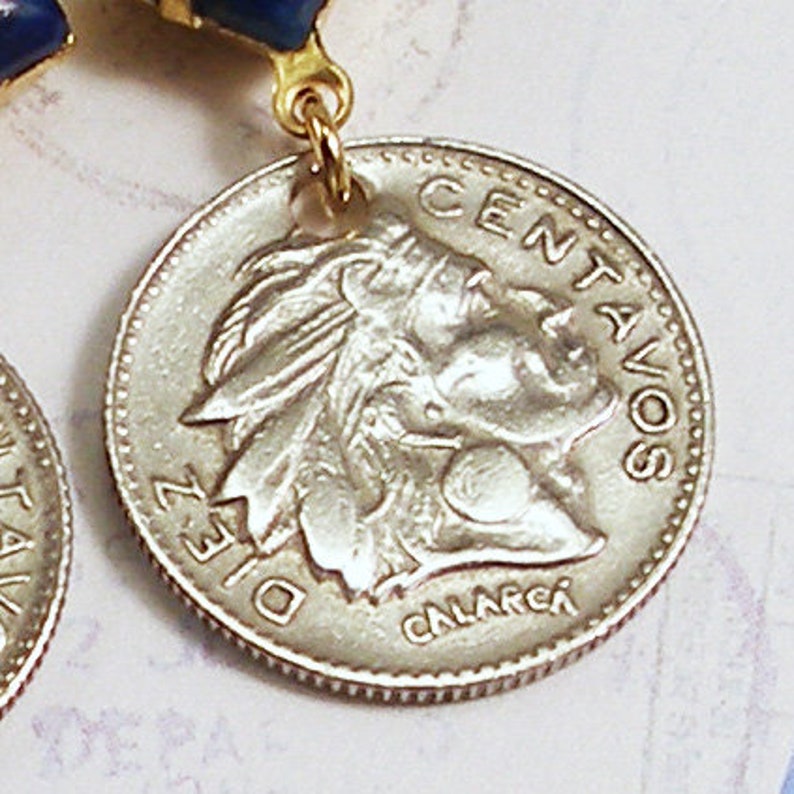 Colombia, Vintage Coin Earrings Warrior Chief Calarca Diez Centavos 10 Cents Native Americans Pijao Tribe Colombian Heritage image 2