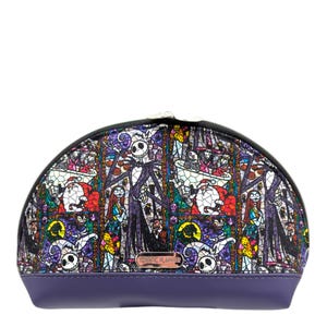 May include: A purple and black half-moon shaped makeup bag with a stained glass design featuring characters from The Nightmare Before Christmas. The bag has a zipper closure and the text "Loungefly" is printed on the front.