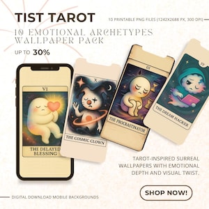 Tist Tarot Phone Wallpapers - 10 emotionale Archetypen | Kawaii surreale Tarot-Kunst | Digital Download Handy Hintergründe
