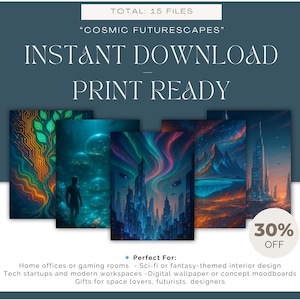 Futuristic Sci-Fi Wall Art Set: Cosmic Cyberpunk Landscape (Digital Download, 3 Sizes