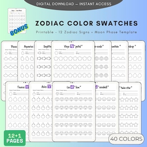 Tarjetas de muestra de colores del zodíaco / Paleta de muestra de colores en blanco / 12 signos + fases lunares imprimibles / Hojas de práctica para colorear