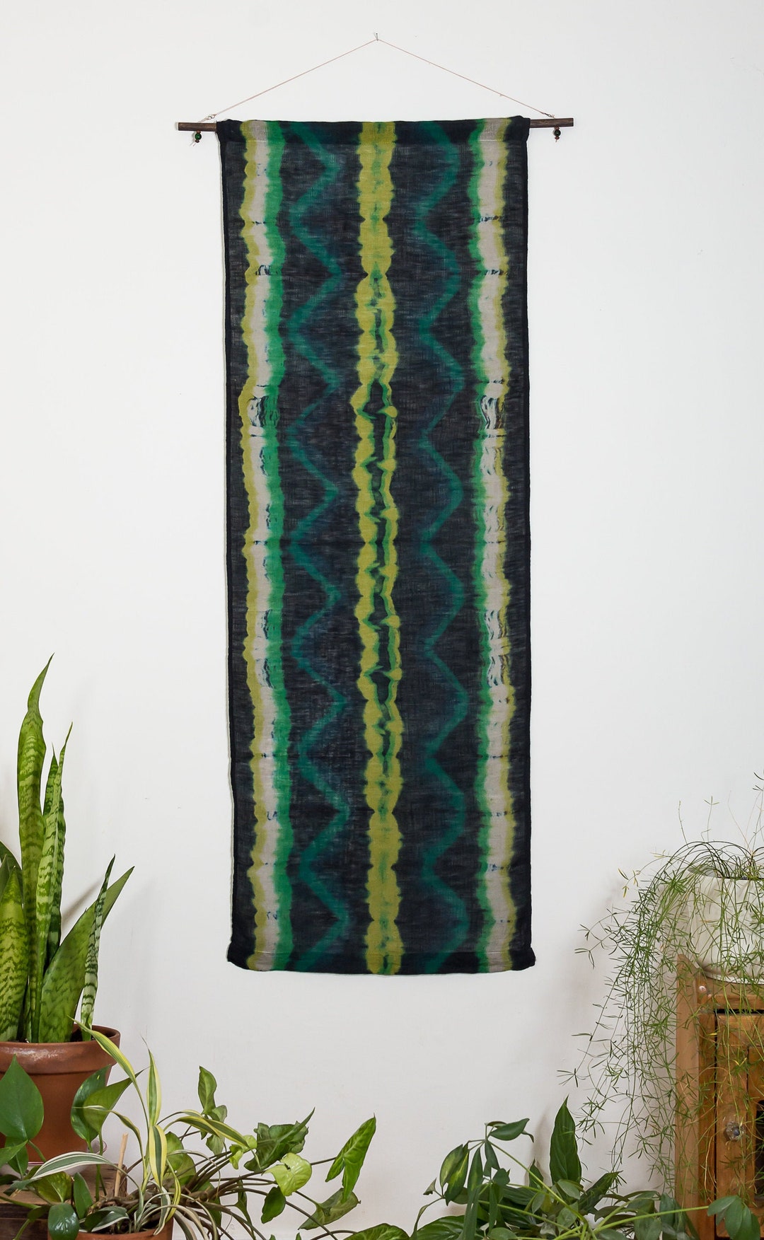 Shibori Wall Hanging, Hand Dyed Wall Hanging, Linen Wall Hanging, Hand Dyed Wall Décor, Green