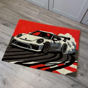 Handmade Wool Car Drift Rug | Racing Car Rug for Boys Room, Game Room or Car Lovers | Unique Gift for Gearheads & Auto Enthusiasts