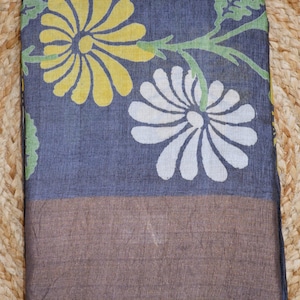 Steel Grey Tussar Silk Saree: Handloom Block Print, Silk Mark Certified