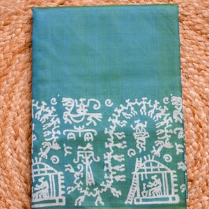 Teal Green Block Print Silk Saree: Handloom Sonamukhi, Silk Mark Certified