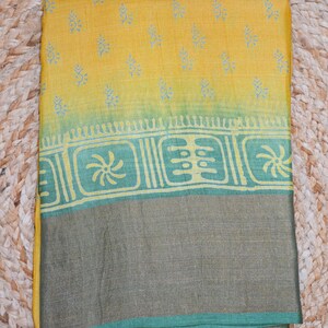 Sunshine Yellow Tussar Silk Saree: Handloom Block Print, Silk Mark Certified