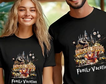 May include: Black t-shirt with a graphic of the Universal Studios logo and a scene from the Harry Potter attraction. The text "Family Vacation" is printed below the graphic.
