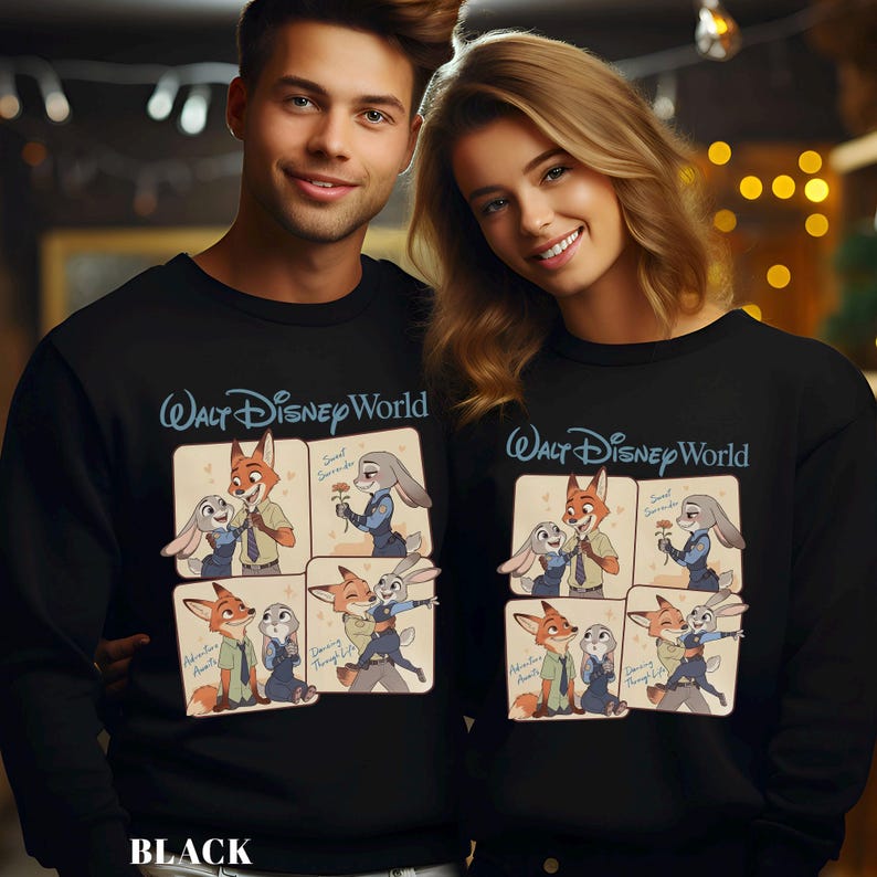 Puede incluir: Sudaderas negras con un dise&ntilde;o de dibujos animados de un zorro y un conejo de la pel&iacute;cula Zootr&oacute;polis. Las sudaderas tienen el texto "Walt Disney World" en escritura azul en la parte superior. La parte inferior de la sudadera tiene la palabra "BLACK" en letras blancas.