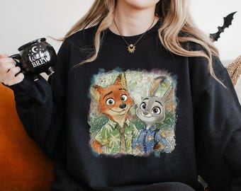 Disney Zootopia Sweatshirt, Judy Hopps Hoodie, Nick Wilde Sweatshirt,Retro Zootropolis Disney Hoodie, Zootopia Fox And Bunny Crewneck 364498