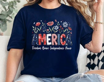 Floral American Flag Shirt, 4th Of July Women Shirt, Patriotic Shirt For Women, Independence Day Shirt, Fourth Of July USA Shirt 365551