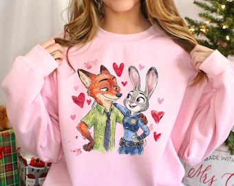Watercolor Judy Hopps Nick Wilde Heart Sweatshirt, Valentine Zootopia Sweatshirt, Hearts Zootopia Hoodie, Disney Love Crewneck 364494