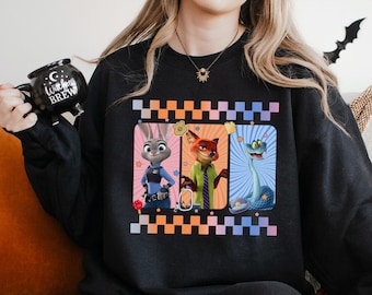 Checkered Disney Zootopia 2 Sweatshirt, Judy Hopps Nick Wilde Gary De'Snake Hoodie, Disneyland Zootopia Crewneck 364500