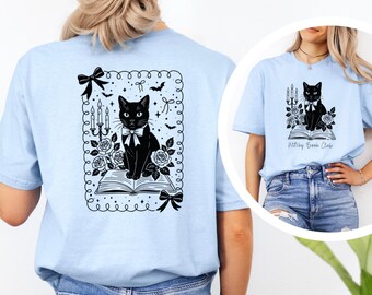 Camiseta de club de lectura de brujas, camiseta de lectora de gato negro, camiseta de biblioteca gótica, camiseta con estampado de gato espeluznante, regalo para amantes de los libros, camiseta de bruja lectora 365346