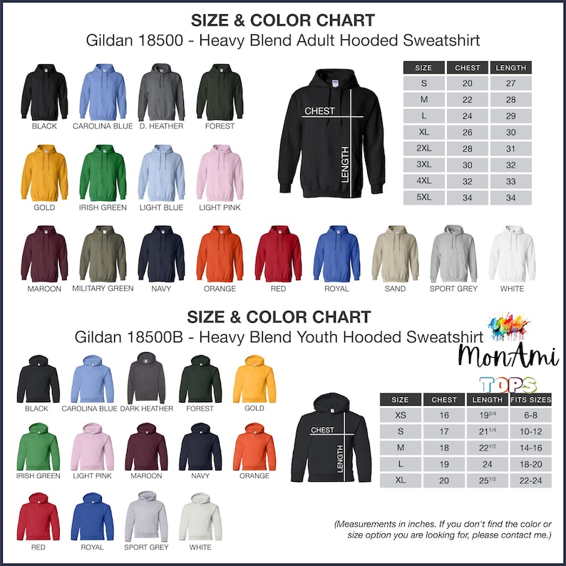 May include: Size and color chart for Gildan hooded sweatshirts. Adult and youth sizes are shown, with a variety of colors including black, blue, green, and red. Measurements are in inches. Contact for other options.