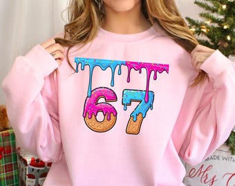 6 7 Pink Blue Drip Sweatshirt, 6 7 Baseball Bats Sweatshirt, Ice Cream Drip Hoodie, Gen Z Funny Viral Meme Crewneck, Six Seven Hoodie 364093