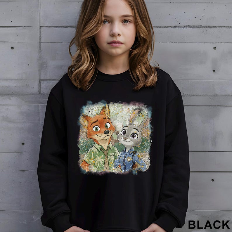 Puede incluir: Sudadera negra con un gr&aacute;fico colorido de Nick Wilde y Judy Hopps de Zootopia. La imagen muestra a los personajes en una pose amistosa. La palabra "BLACK" est&aacute; impresa en blanco en la esquina inferior derecha.
