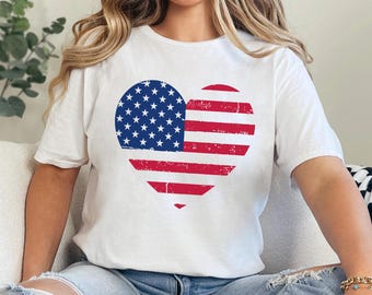 Camiseta con corazón y bandera estadounidense, camiseta con la bandera estadounidense, camiseta patriótica, camiseta de EE. UU., camiseta del 4 de julio, camiseta con la bandera estadounidense para mujer 363287