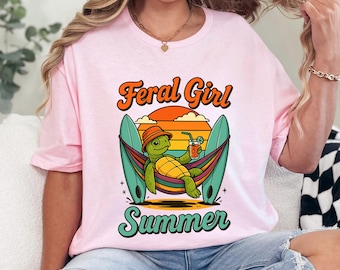 Retro Turtle Feral Girl Summer Beach Vacation Shirt 365039
