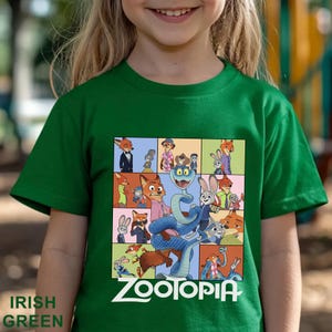 May include: A vibrant green short-sleeved t-shirt featuring a central graphic print composed of multiple square panels displaying various cartoon characters from Zootopia, including a large blue snake, with the word Zootopia printed in white below.