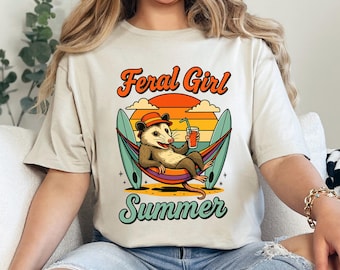 Feral Girl Summer Shirt, Retro Opossum Shirt, Funny Possum Summer Shirt, Beach Vacation Shirt, Feral Girl Summer Tee 365027