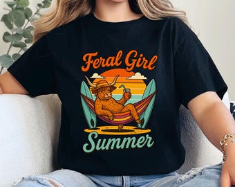 Feral Girl Summer Shirt, Retro Highland Cow Shirt, Funny Cow Summer Shirt, Beach Vacation Shirt, Feral Girl Summer Tee 365024