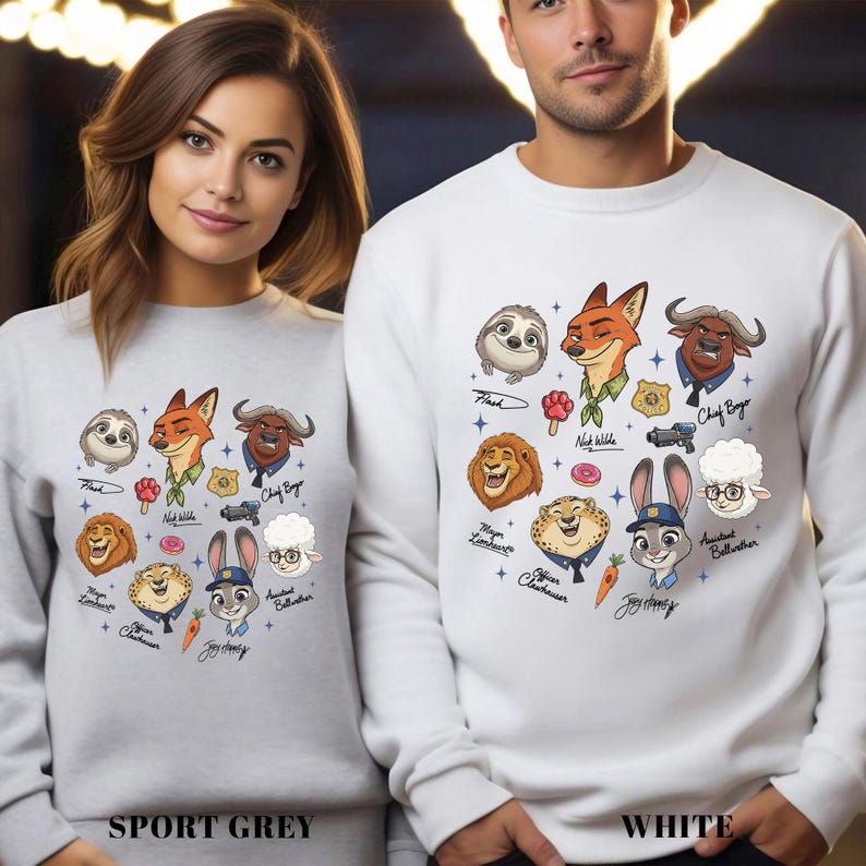 May include: Grey and white sweatshirts with cartoon character illustrations. The designs include a sloth, fox, buffalo, lion, cheetah, bunny, and sheep. The sweatshirts have the text "SPORT GREY" and "WHITE" at the bottom.