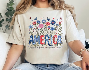 Floral American Flag Shirt, 4th Of July Women Shirt, Patriotic Shirt For Women, Independence Day Shirt, Fourth Of July USA Shirt 365553