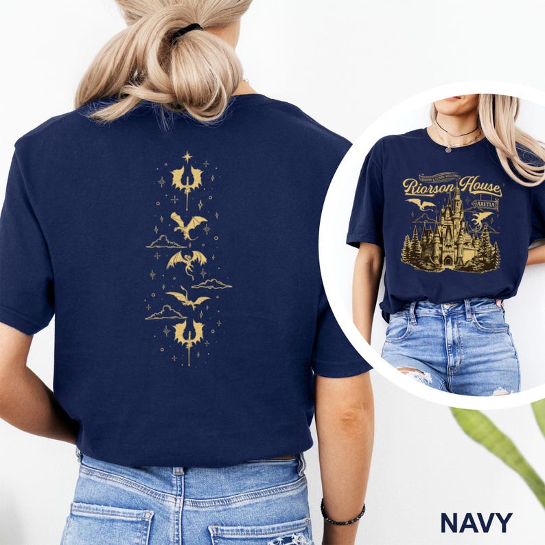 May include: Navy blue t-shirt with a gold dragon and castle design. The back of the shirt features a vertical arrangement of gold dragons and symbols. The front displays the text "Riorson House" above a castle illustration.