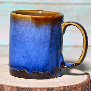 Taza de cerámica azul esmaltada de 325 ml (11 oz) hecha a mano: taza de café única, taza grande para té o café.