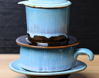 Handmade Glazed Light Blue Ceramic Coffee Set: Vietnamese Phin Filter & Mug | Slow Drip Brewing Coffeeware, Craft Coffee Gift for Home Decor