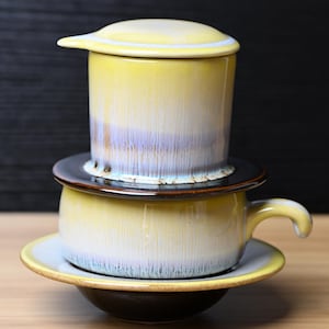 Handmade Glazed Yellow Ceramic Coffee Set: Vietnamese Phin Filter & Mug | Slow Drip Brewing Coffeeware, Craft Coffee Gift for Home Decor
