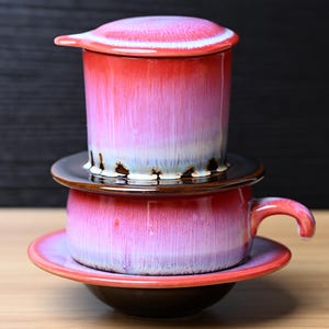 Handmade Glazed Red Ceramic Coffee Set: Vietnamese Phin Filter & Mug | Slow Drip Brewing Coffeeware, Craft Coffee Gift for Home Decor