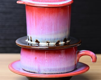 Handmade Glazed Red Ceramic Coffee Set: Vietnamese Phin Filter & Mug | Slow Drip Brewing Coffeeware, Craft Coffee Gift for Home Decor