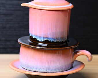 Handmade Orange Ceramic Coffee Set – Vietnamese Phin Filter and Mug | Slow Drip Brewer Gift for Coffee Lovers & Home Decor