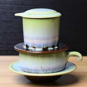 Handmade Glazed Green Ceramic Coffee Set: Vietnamese Phin Filter & Mug | Slow Drip Brewing Coffeeware, Craft Coffee Gift for Home Decor