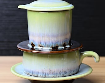 Handmade Glazed Green Ceramic Coffee Set: Vietnamese Phin Filter & Mug | Slow Drip Brewing Coffeeware, Craft Coffee Gift for Home Decor