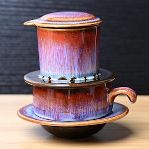Handmade Glazed Cherry Ceramic Coffee Set: Vietnamese Phin Filter & Mug | Slow Drip Brewing Coffeeware, Craft Coffee Gift for Home Decor