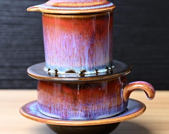 Handmade Glazed Cherry Ceramic Coffee Set: Vietnamese Phin Filter & Mug | Slow Drip Brewing Coffeeware, Craft Coffee Gift for Home Decor