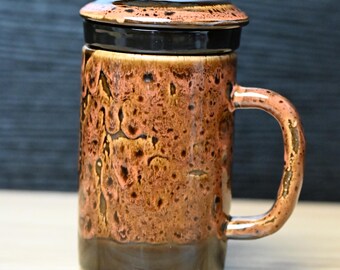 Orange Glaze - Handmade Ceramic Tea Infuser Mug Set with Lid & Strainer | Zen Tea Cup Gift