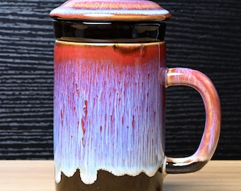 Zestaw ręcznie robionych ceramicznych kubków do herbaty z zaparzaczem i pokrywką w kolorze wiśniowym | Kubek na prezent Zen Tea Cup