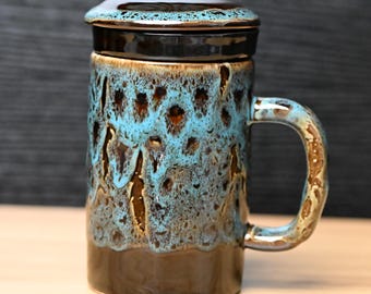 Zestaw ręcznie robionych ceramicznych kubków do herbaty z zaparzaczem i pokrywką w kolorze koralowym Blue Glaze | Kubek Zen Tea Cup Gift
